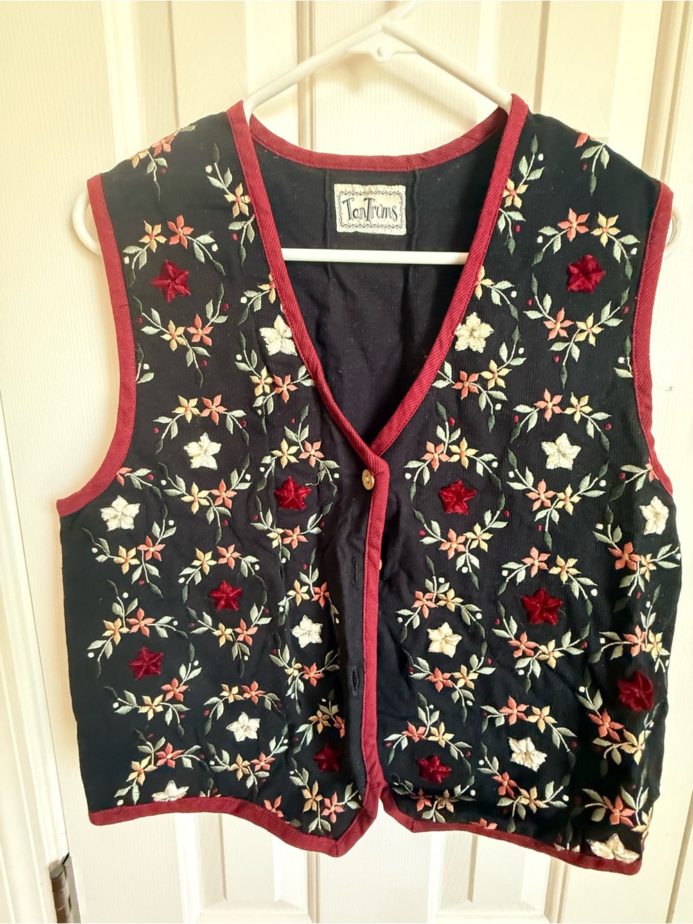 Tantrums Black Embroidered Floral Vest with Red Trim